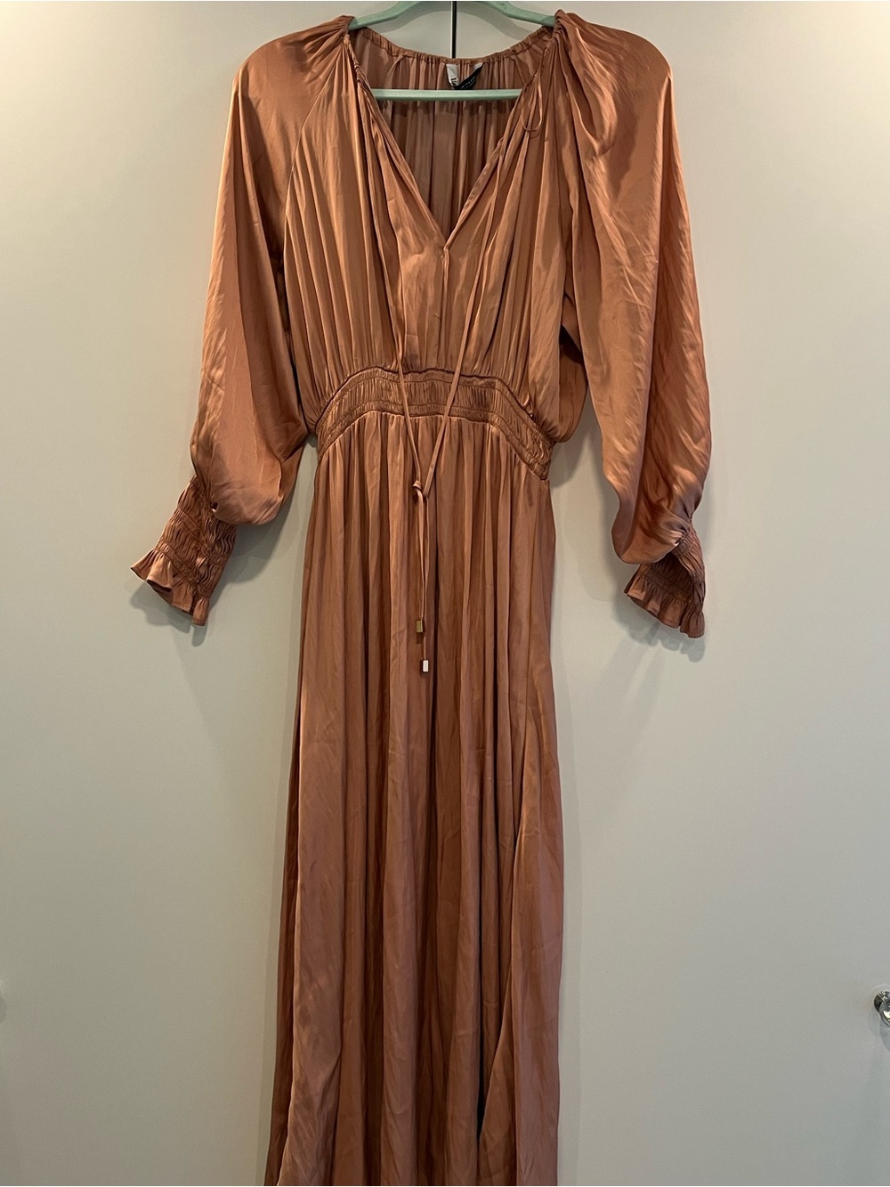 NEW. Silk Zara Copper-Brown Long Sleeve Maxi Dress